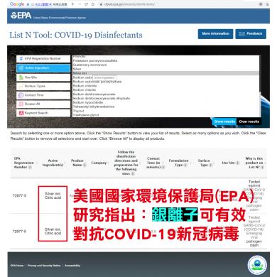 美國國家環境保護局(EPA)證實了奈米銀可以有效抑制新冠肺炎