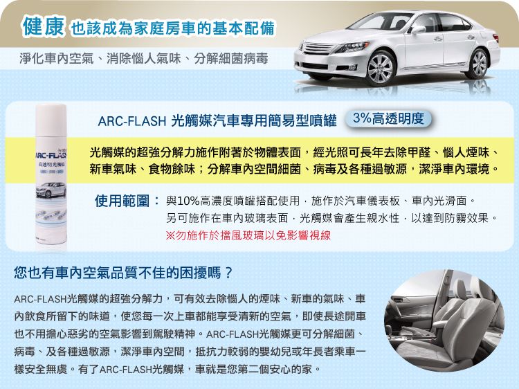 Arc Flash 光觸媒汽車專用簡易型噴罐 3 高透明度0ml 淨化車內空氣 除甲醛 分解細菌